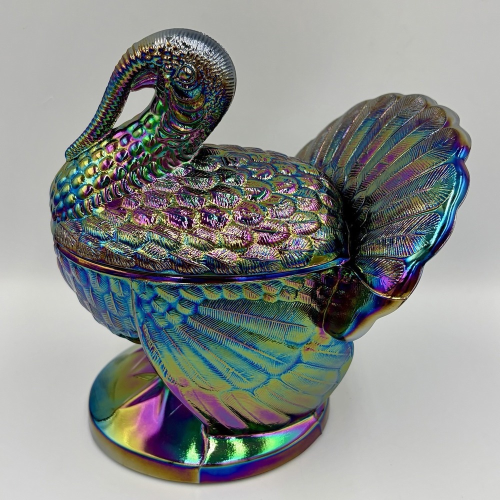 Vtg L.E. Smith 7" Amethyst Carnival Glass Turkey on Nest Candy Dish Iridescent